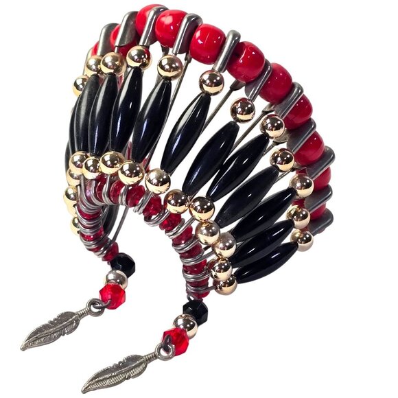 Vintage Beaded Safety Pin Art Fan Decor Red Black Gold Feathers Handmade 80s 90s - Picture 1 of 9